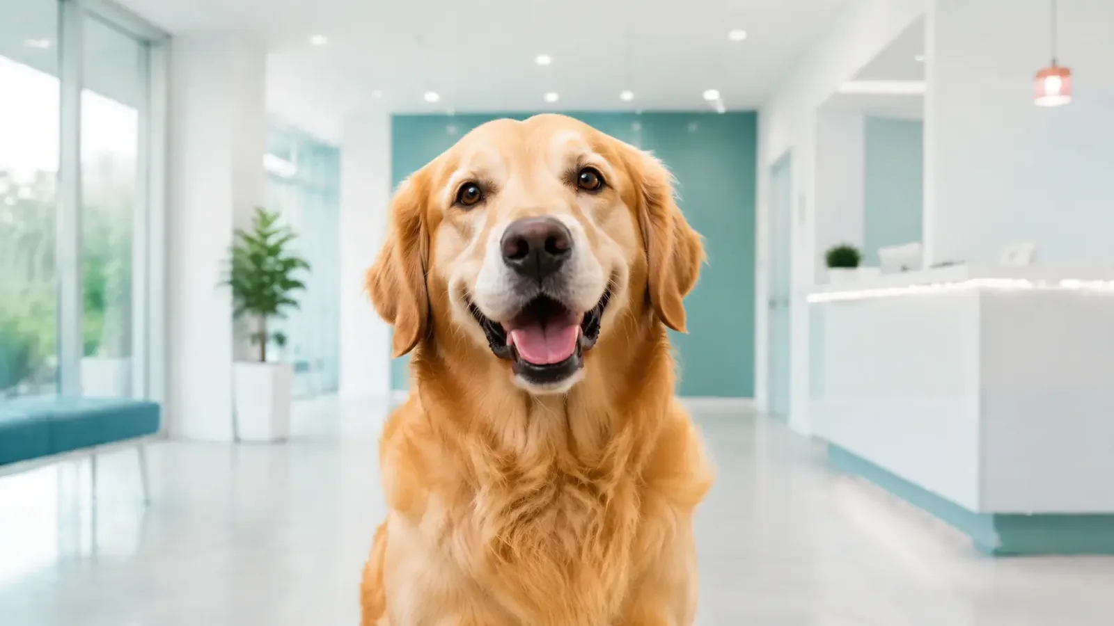 Golden retriever feliz en la recepción de una clínica veterinaria moderna